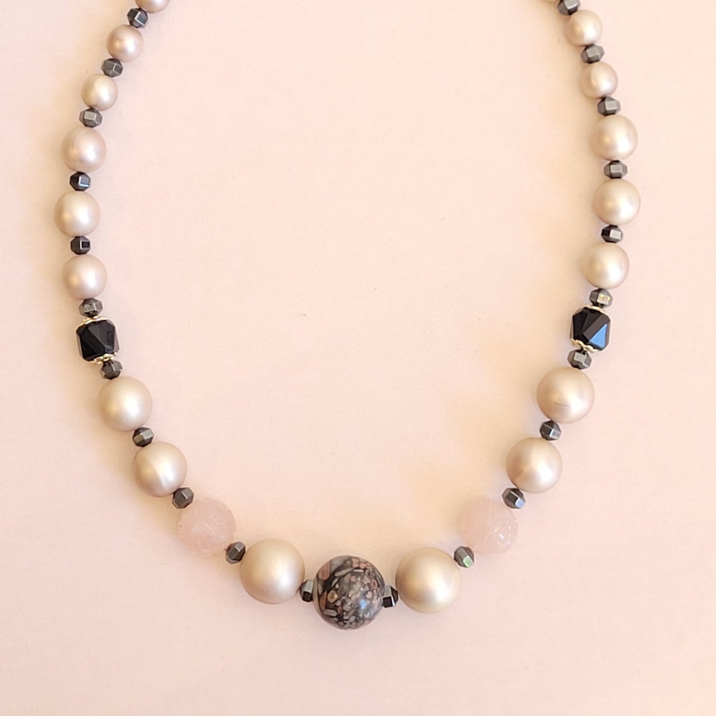 Greta; Re-designed Vintage carved rose quartz, vintage rose faux pearl, hematite, unknown multi grey stone