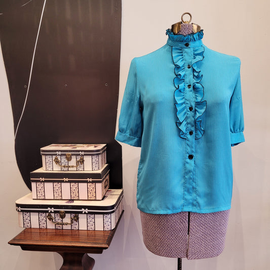 VINTAGE turquoise ruffle blouse sz MEDIUM