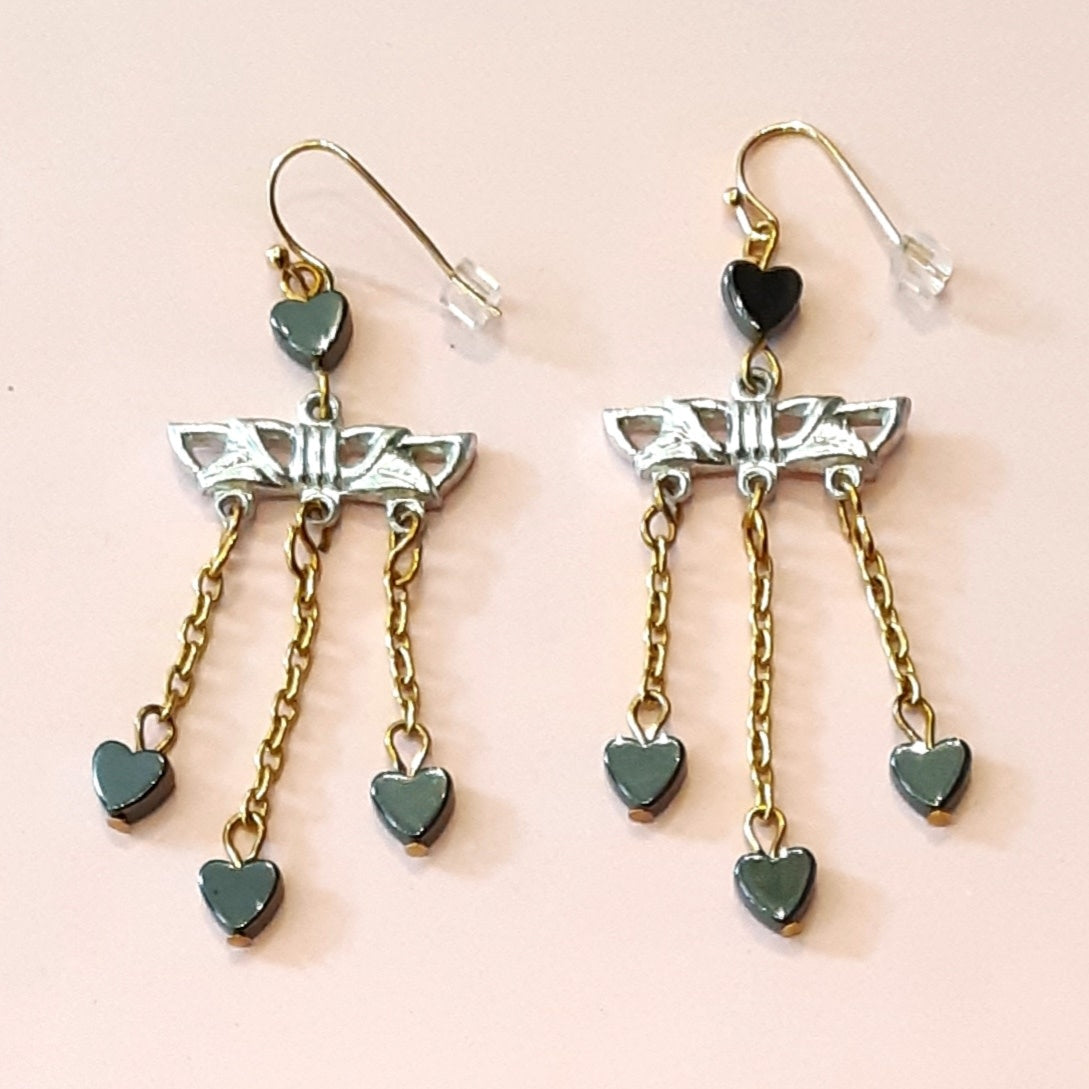 Billie; Hematite hearts, gold-tone chain, vintage silver-tone finding
