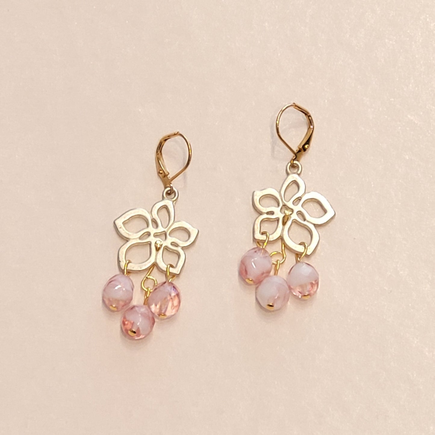 Hibiscus; white metal, pink czech glass, gold-tone accents