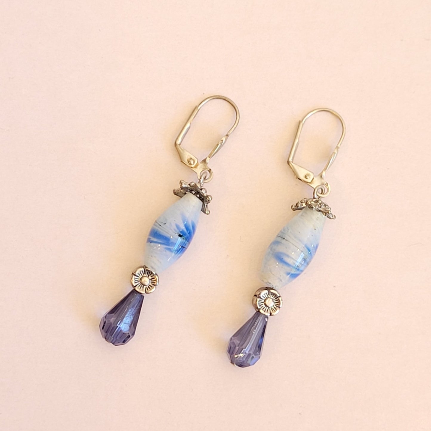 Blue swirly blown glass, silver flower & cap, blue vintage acrylic drop