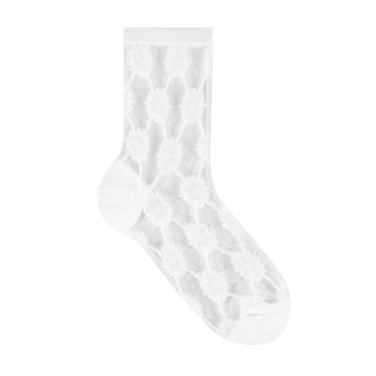 Sheer Floral Grid Crew White