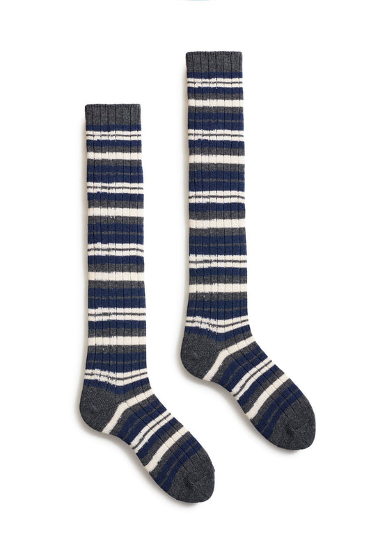Striped Cashmere Knee High Socks Navy