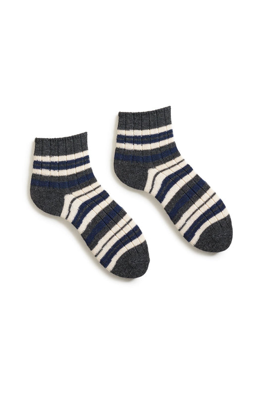 Striped Rib Shortie Cashmere Ankle Socks Navy