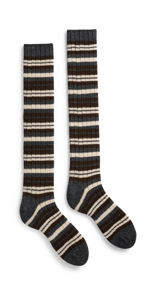 Striped Cashmere Knee High Socks Brown