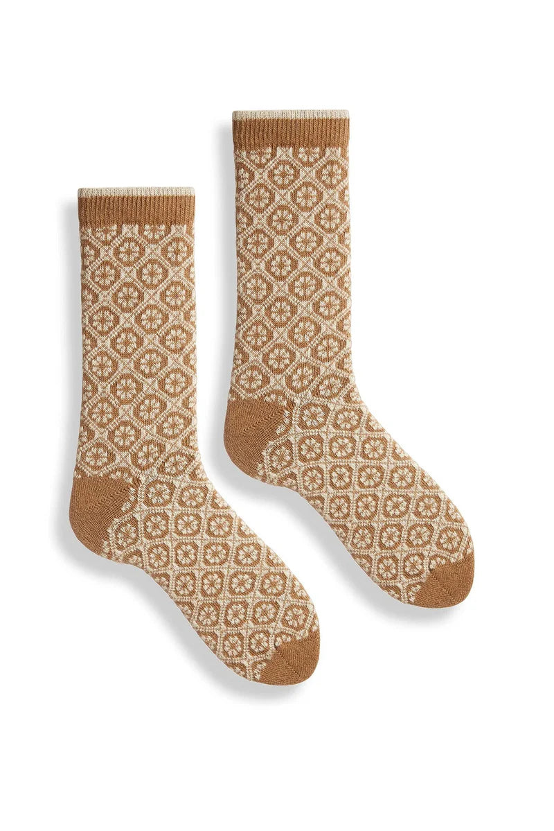 Medallion Cashmere Crew Socks Camel